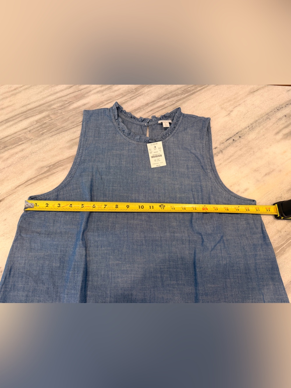 J. Crew Sleeveless Chambray Top with White Floral Embroidery and Ruffle Neck - Picture 6 of 7